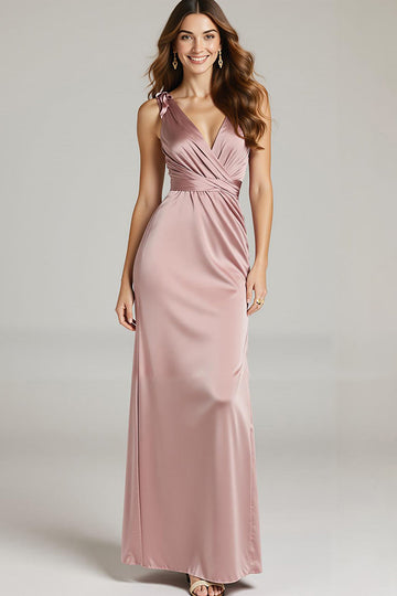 Robe formelle froncée en satin rose clair à col en V